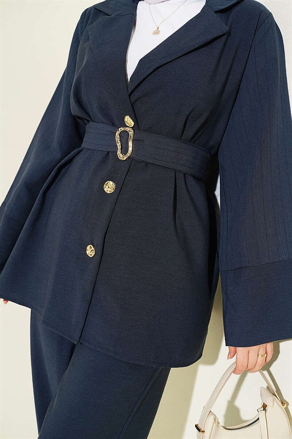 Double-breasted Tencel Suit with Gold Buttons, Navy Blue