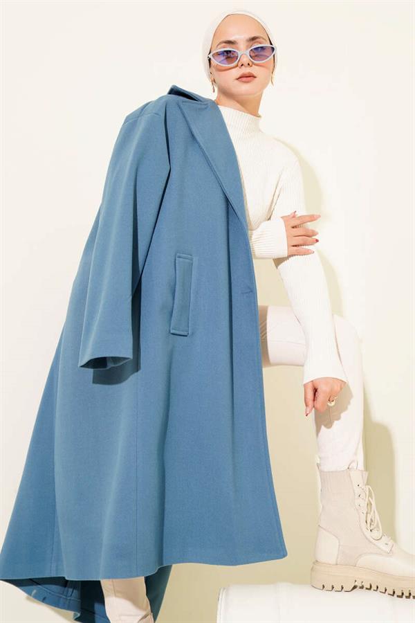Double-Breasted Two-Button Detailed Cashmere Coat Blue