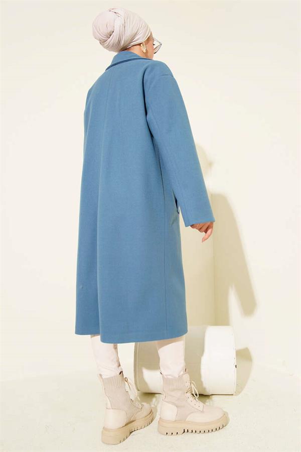 Double-Breasted Two-Button Detailed Cashmere Coat Blue