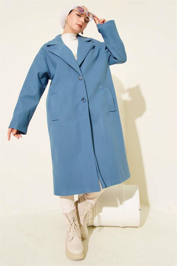 Double-Breasted Two-Button Detailed Cashmere Coat Blue