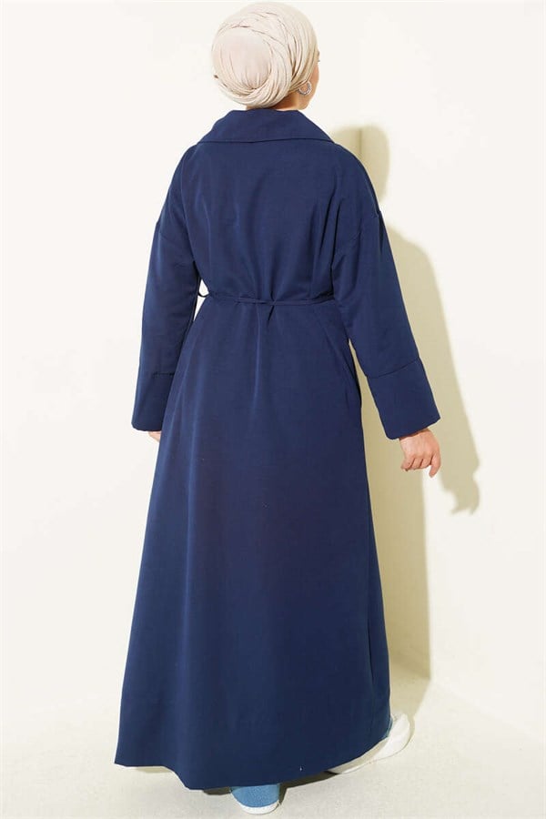 Double-breasted trench coat with drawstring closure, navy blue.