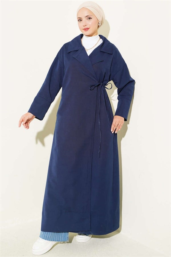 Double-breasted trench coat with drawstring closure, navy blue.