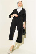 Double-breasted coat with drawstring detail, black.
