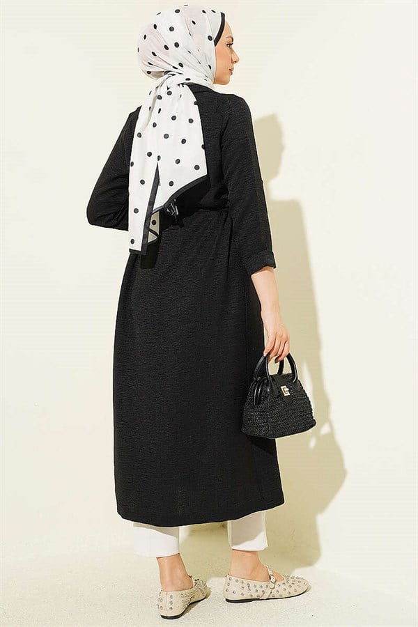 Double-breasted coat with drawstring detail, black.