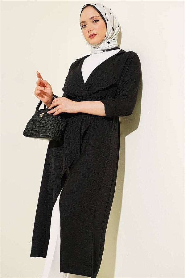 Double-breasted coat with drawstring detail, black.