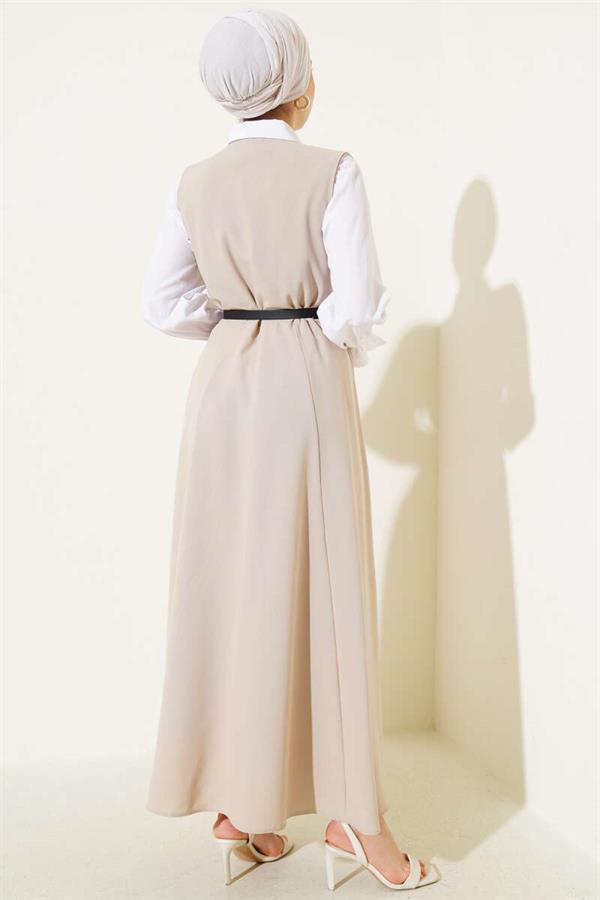 Double-Breasted Belted Gilet Dress Beige