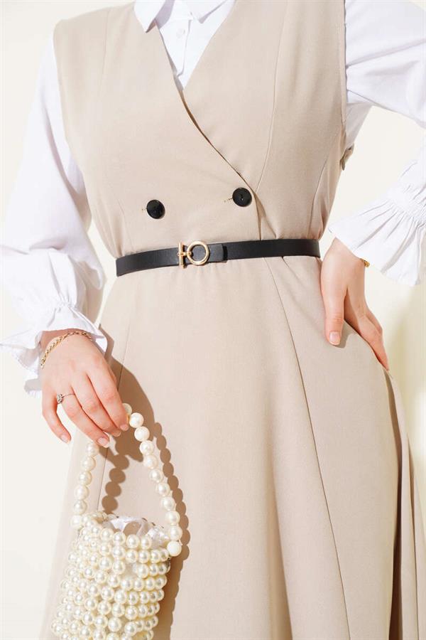 Double-Breasted Belted Gilet Dress Beige