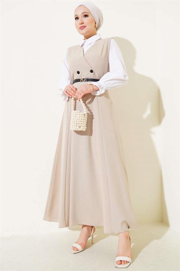 Double-Breasted Belted Gilet Dress Beige