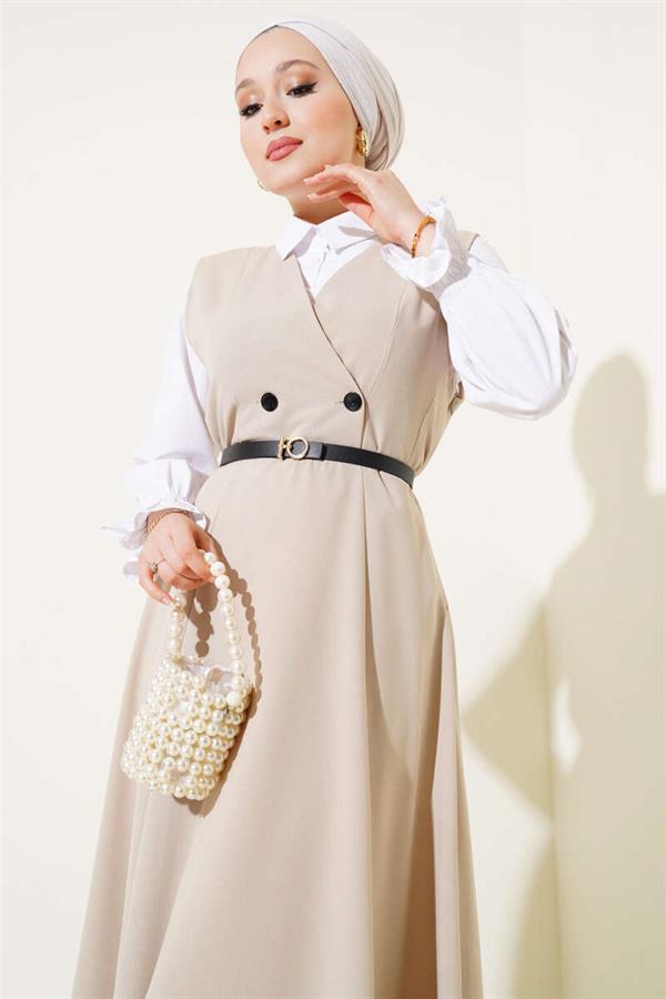 Double-Breasted Belted Gilet Dress Beige