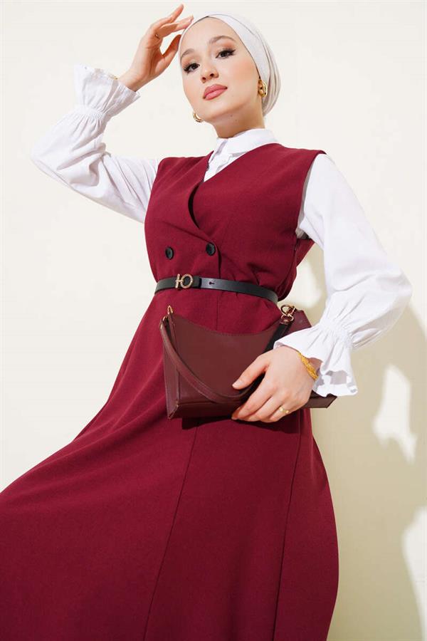 Double-Breasted Belted Gilet Dress Burgundy
