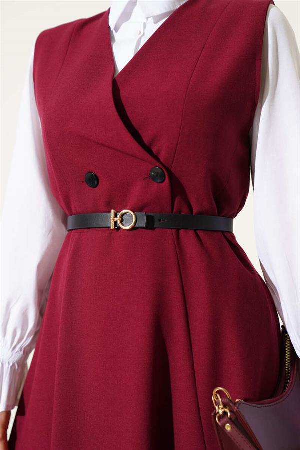 Double-Breasted Belted Gilet Dress Burgundy