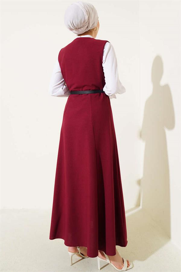 Double-Breasted Belted Gilet Dress Burgundy