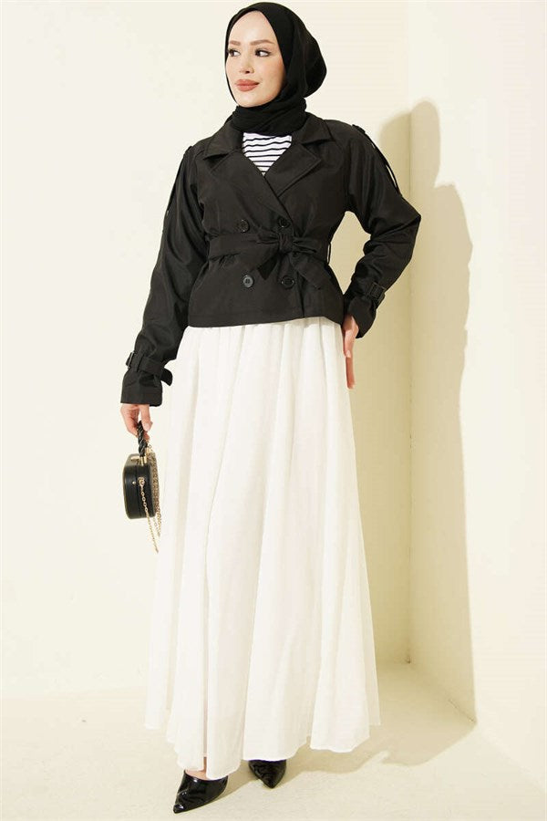 Double-breasted belted short trench coat, black.