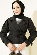 Double-breasted belted short trench coat, black.
