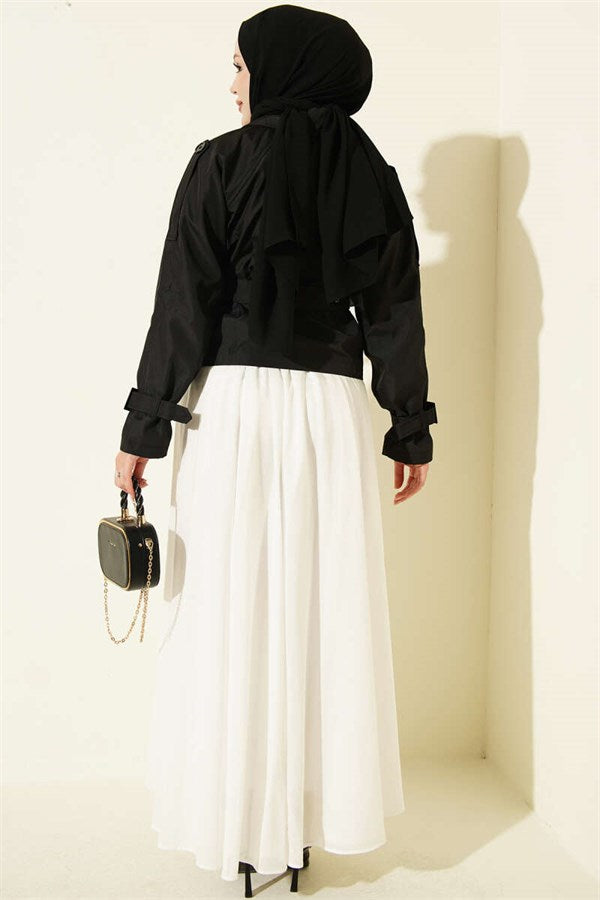 Double-breasted belted short trench coat, black.