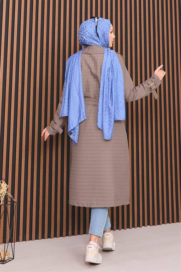 Double-breasted Belted Hijab Quilted Trench Coat Mink