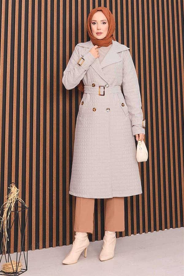 Double Breasted Belted Hijab Quilted Trench Coat Stone