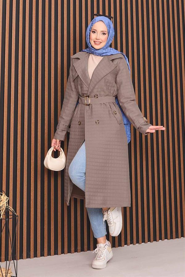Double-breasted Belted Hijab Quilted Trench Coat Mink