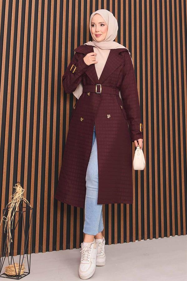 Double-Breasted Belted Hijab Quilted Trench Coat Burgundy