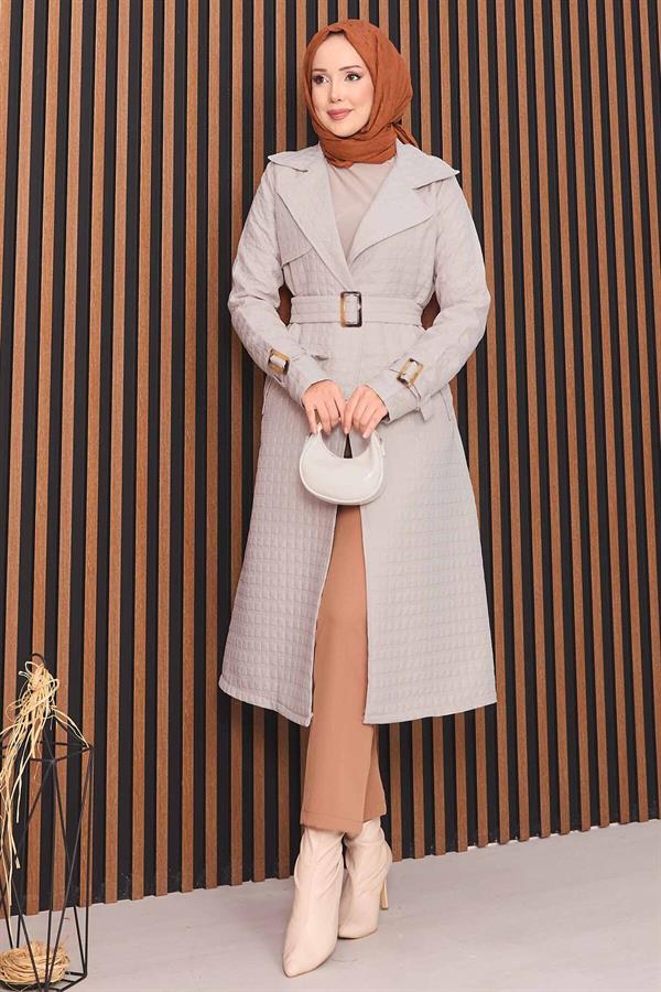 Double Breasted Belted Hijab Quilted Trench Coat Stone