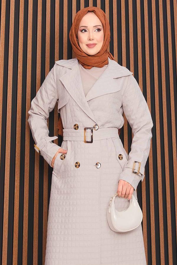 Double Breasted Belted Hijab Quilted Trench Coat Stone