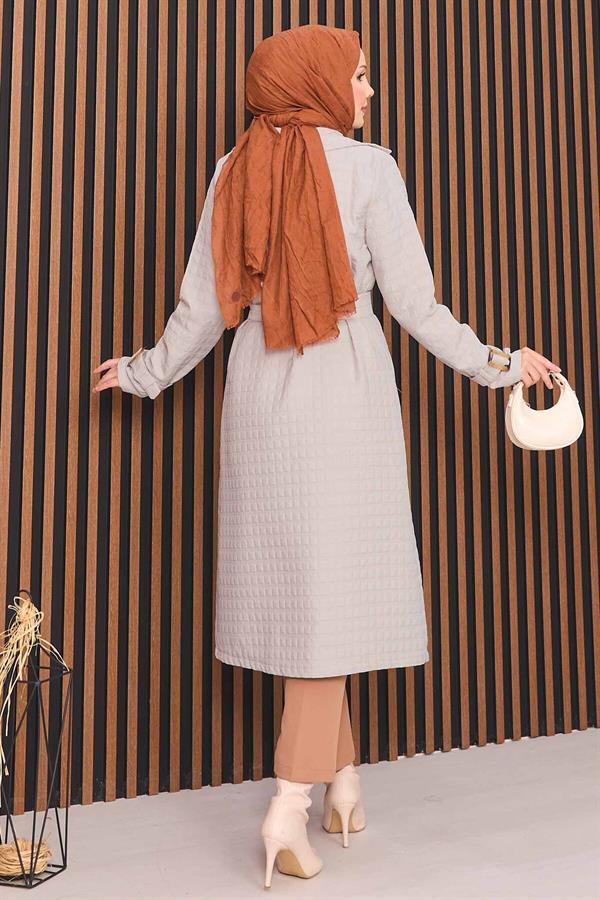 Double Breasted Belted Hijab Quilted Trench Coat Stone