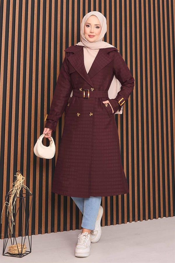 Double-Breasted Belted Hijab Quilted Trench Coat Burgundy