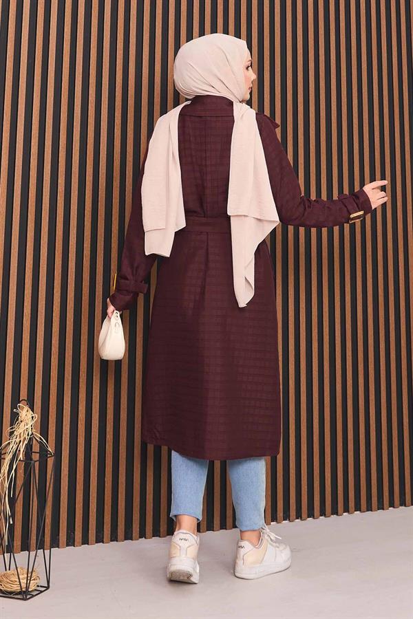 Double-Breasted Belted Hijab Quilted Trench Coat Burgundy