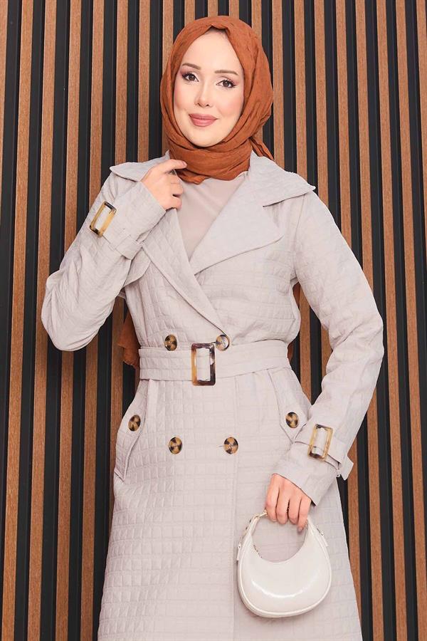 Double Breasted Belted Hijab Quilted Trench Coat Stone