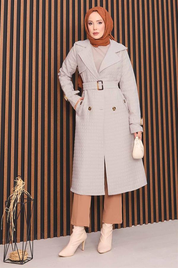 Double Breasted Belted Hijab Quilted Trench Coat Stone