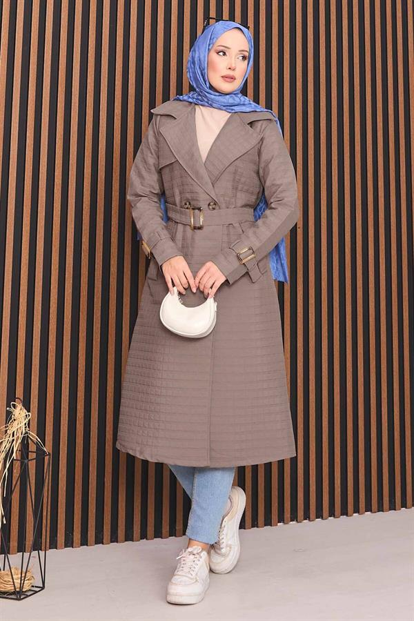 Double-breasted Belted Hijab Quilted Trench Coat Mink
