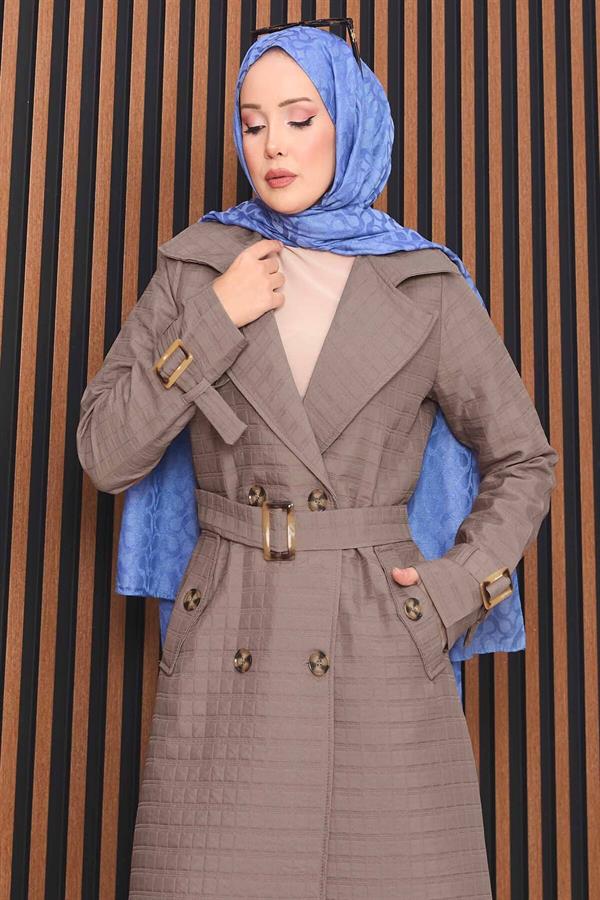 Double-breasted Belted Hijab Quilted Trench Coat Mink