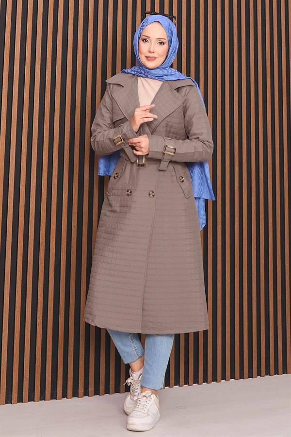 Double-breasted Belted Hijab Quilted Trench Coat Mink