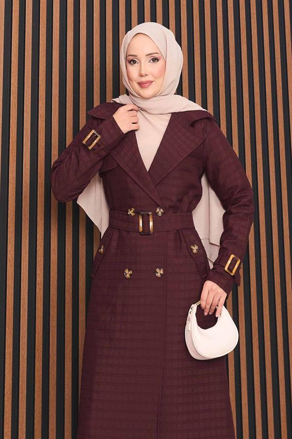 Double-Breasted Belted Hijab Quilted Trench Coat Burgundy