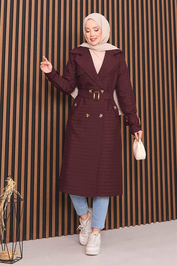Double-Breasted Belted Hijab Quilted Trench Coat Burgundy
