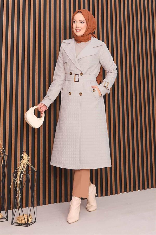 Double Breasted Belted Hijab Quilted Trench Coat Stone