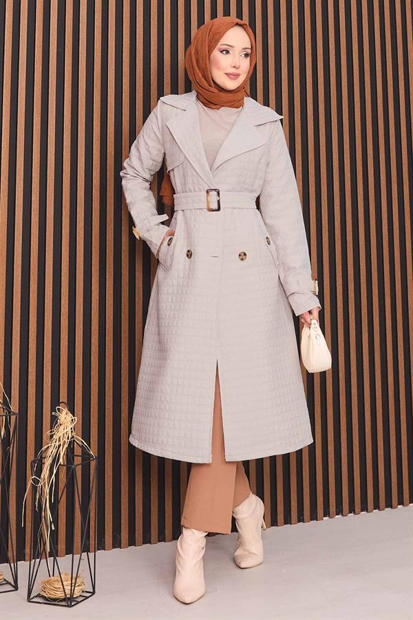 Double Breasted Belted Hijab Quilted Trench Coat Stone