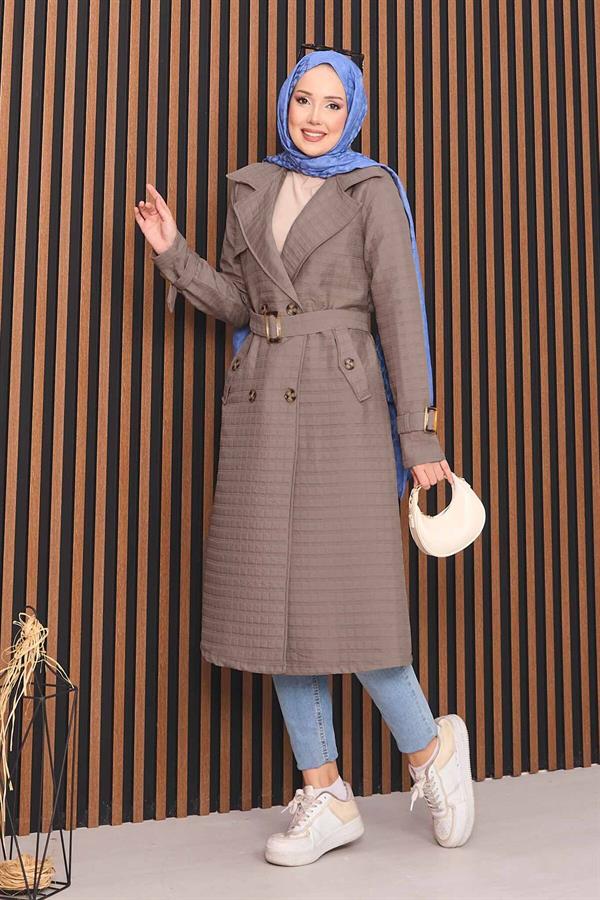 Double-breasted Belted Hijab Quilted Trench Coat Mink
