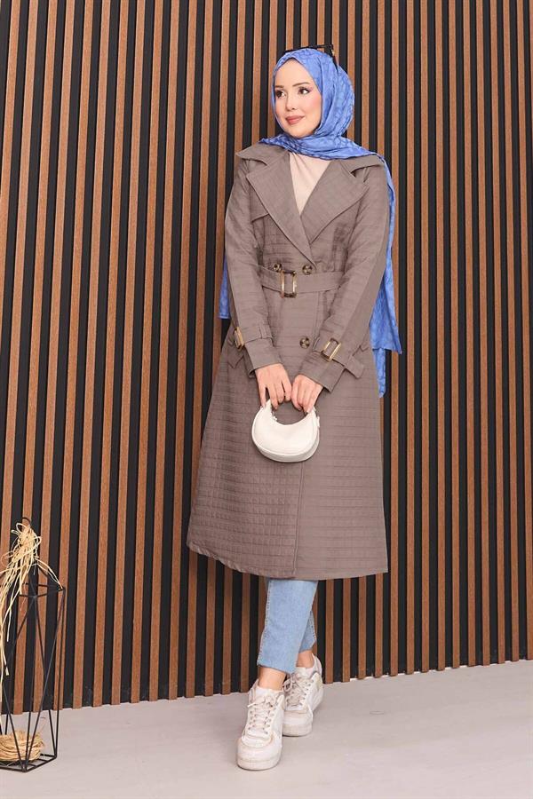Double-breasted Belted Hijab Quilted Trench Coat Mink