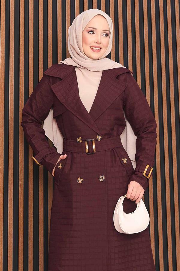 Double-Breasted Belted Hijab Quilted Trench Coat Burgundy