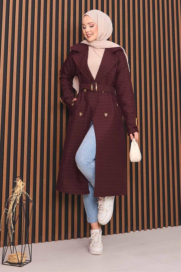 Double-Breasted Belted Hijab Quilted Trench Coat Burgundy