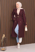 Double-Breasted Belted Hijab Quilted Trench Coat Burgundy