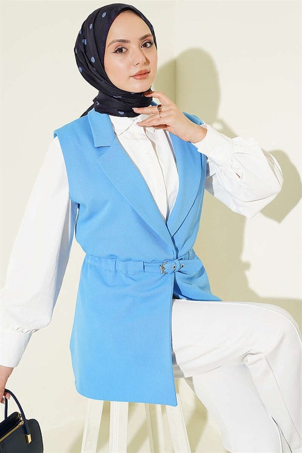 Double-breasted belted vest, blue.
