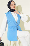 Double-breasted belted vest, blue.