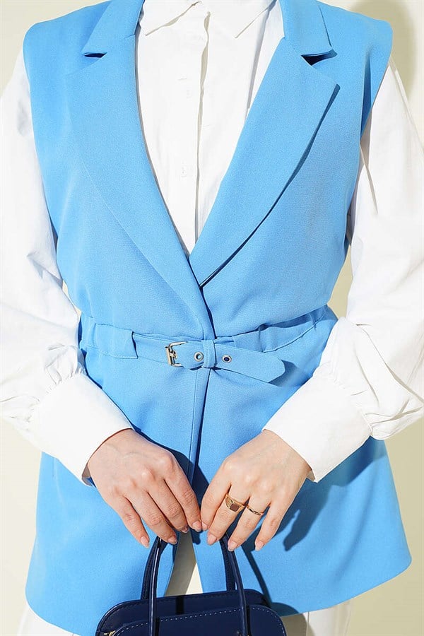 Double-breasted belted vest, blue.