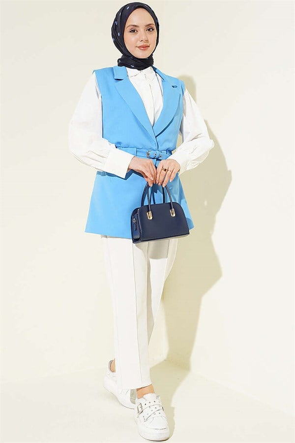 Double-breasted belted vest, blue.