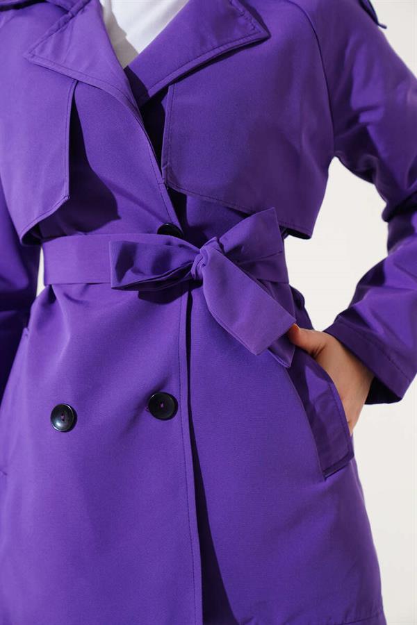 Double Breasted Short Trench Coat Purple