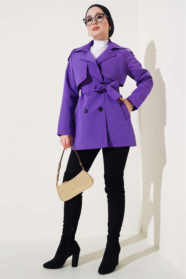 Double Breasted Short Trench Coat Purple