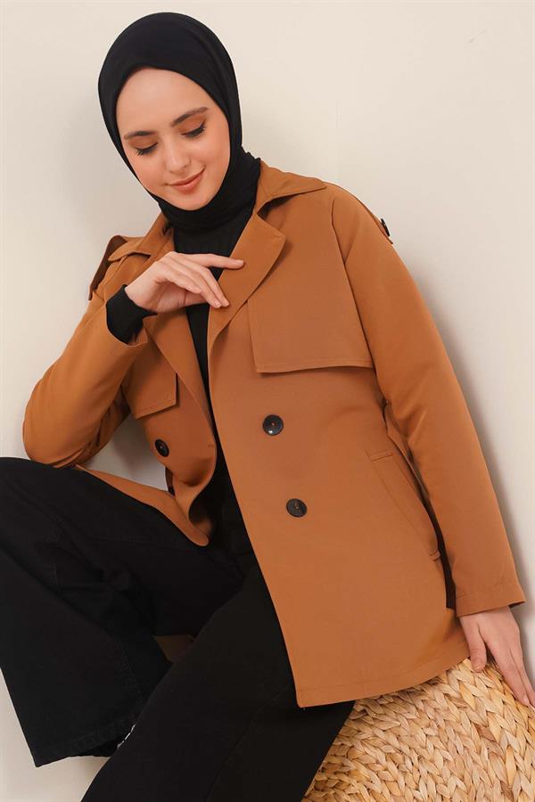 Double Breasted Short Trench Coat Tan