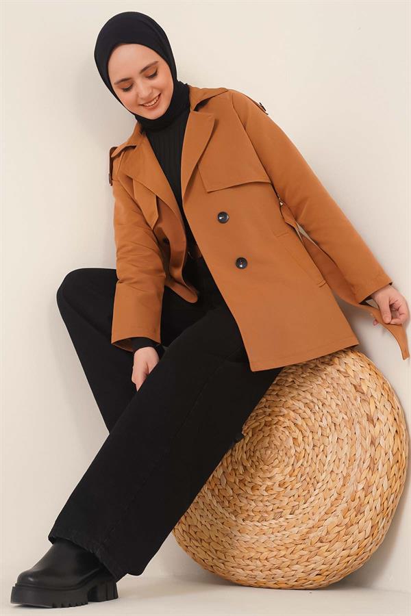Double Breasted Short Trench Coat Tan